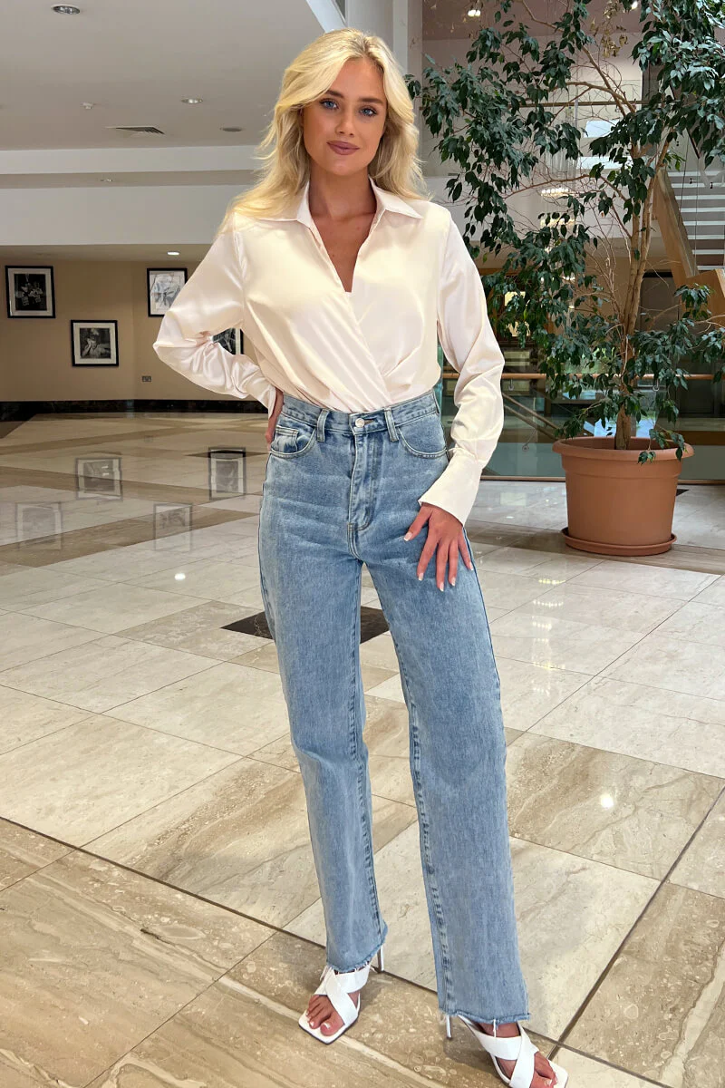 Cream Satin Wrap Shirt Bodysuit - Swimclubus