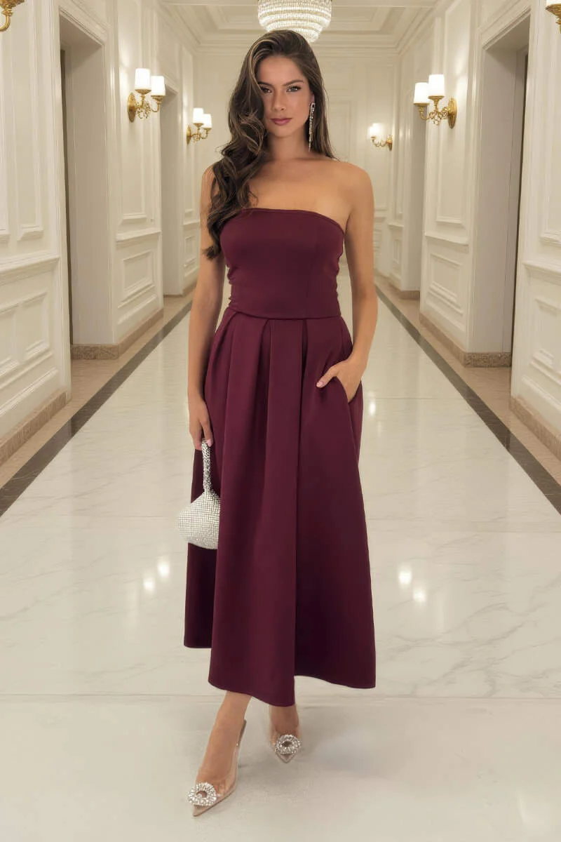 Plum Bandeau A-Line Skirt Midi Dress - Swimclubus