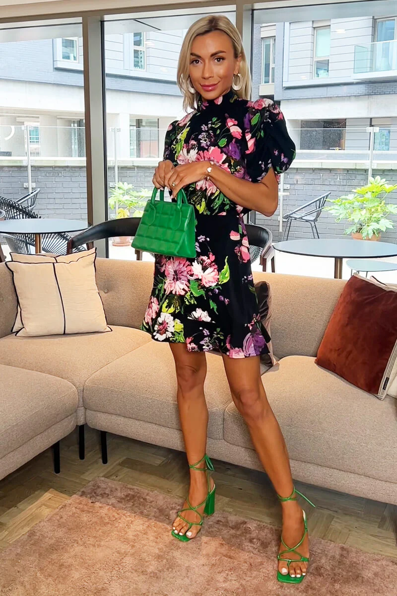 Black Floral Printed Short Puff Sleeve High Neck Skater Dress - Swimclubus