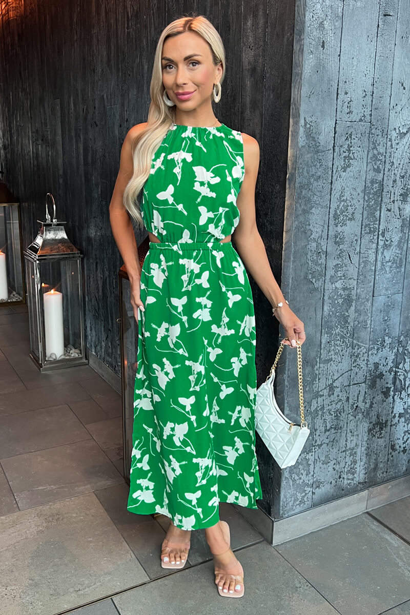 Green And White Floral Printed Cut Out Midi Dress - Swimclubus