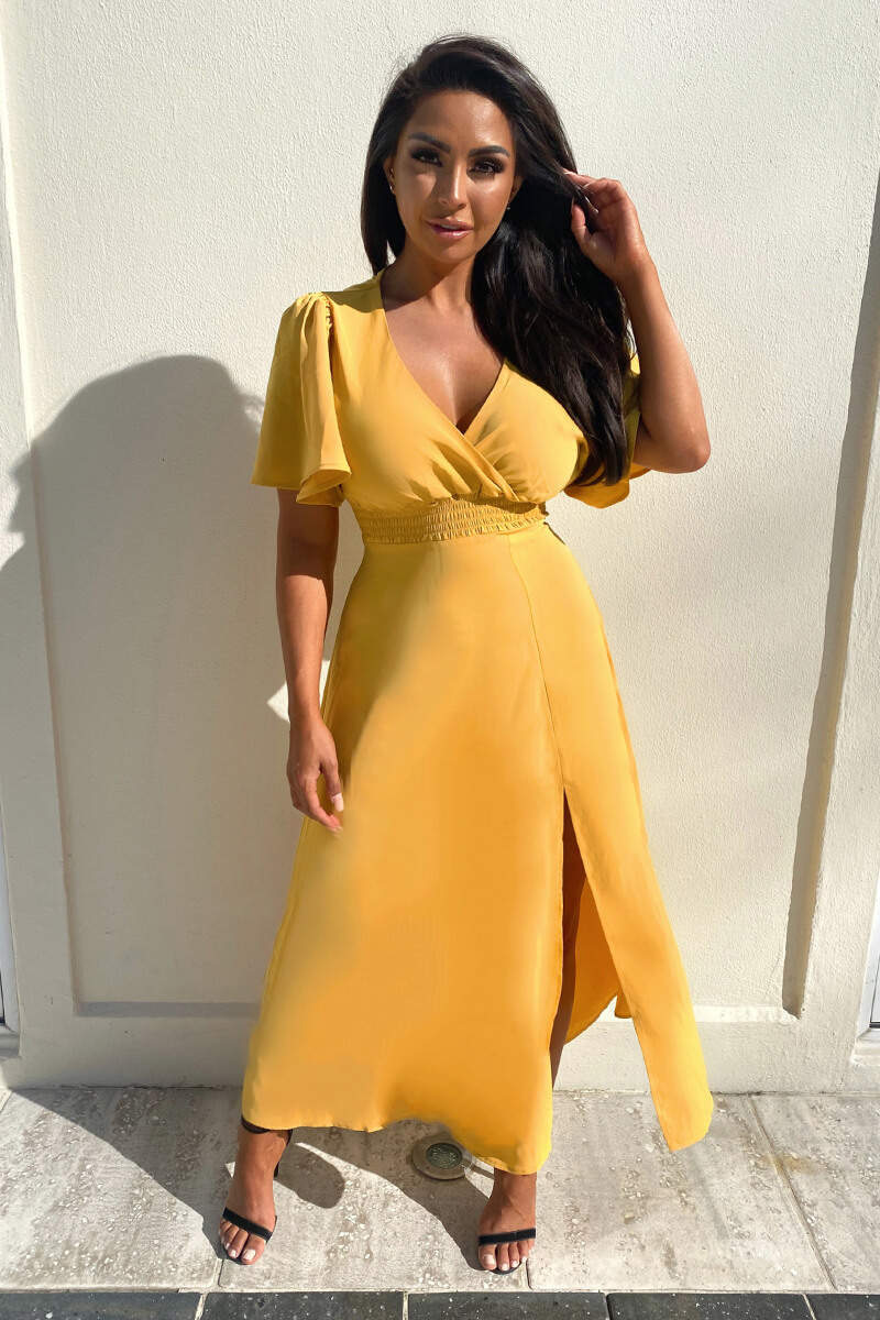 Mustard Gathered Waist Midi Dress - Swimclubus