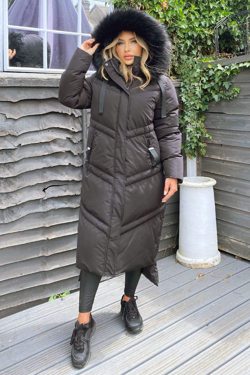 Black Faux Fur Trim Hooded Puffer Coat - Swimclubus
