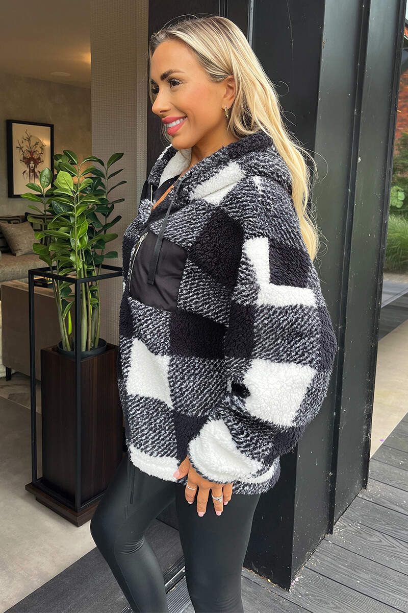 Black Check Pocket Detail Hooded Teddy Jacket - Swimclubus