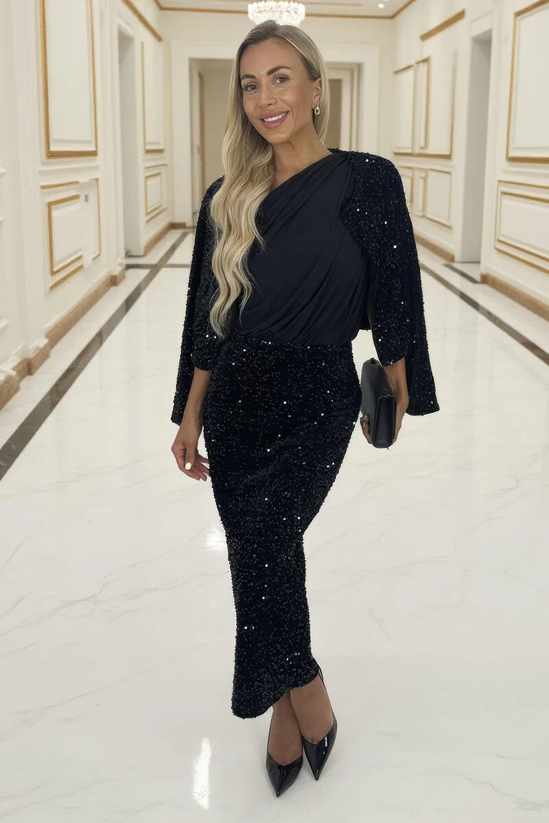 Black Velvet Sequin Open Front Jacket - Swimclubus