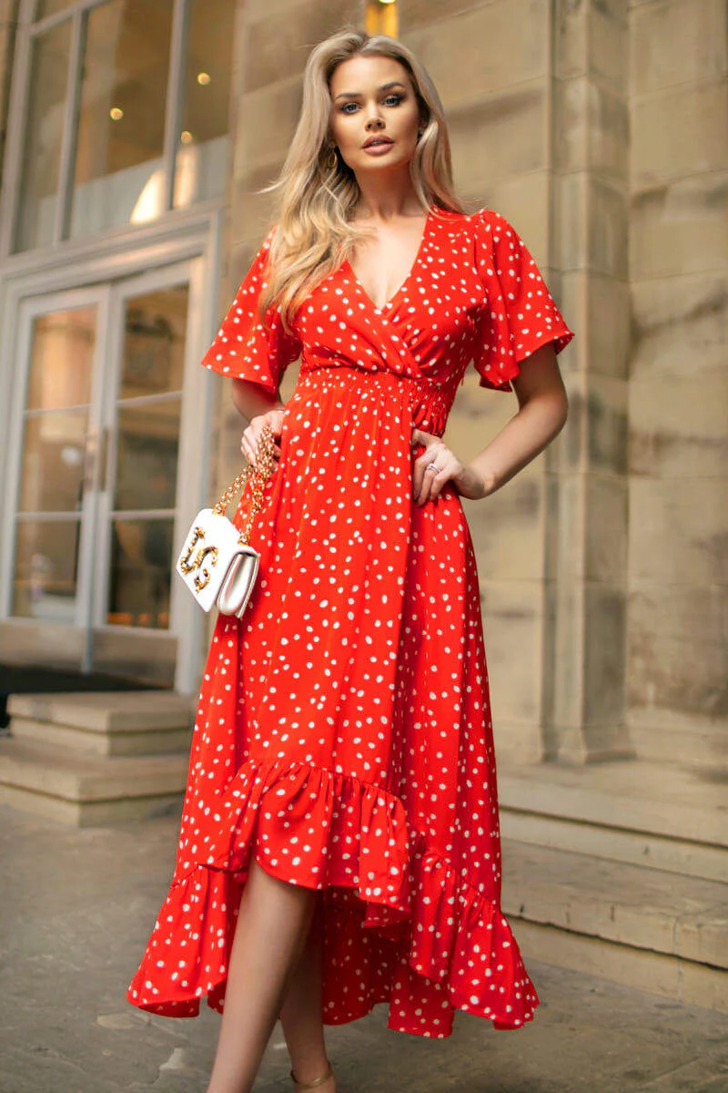 Red And White Polka Dot Printed High Low Midi Dress - Swimclubus
