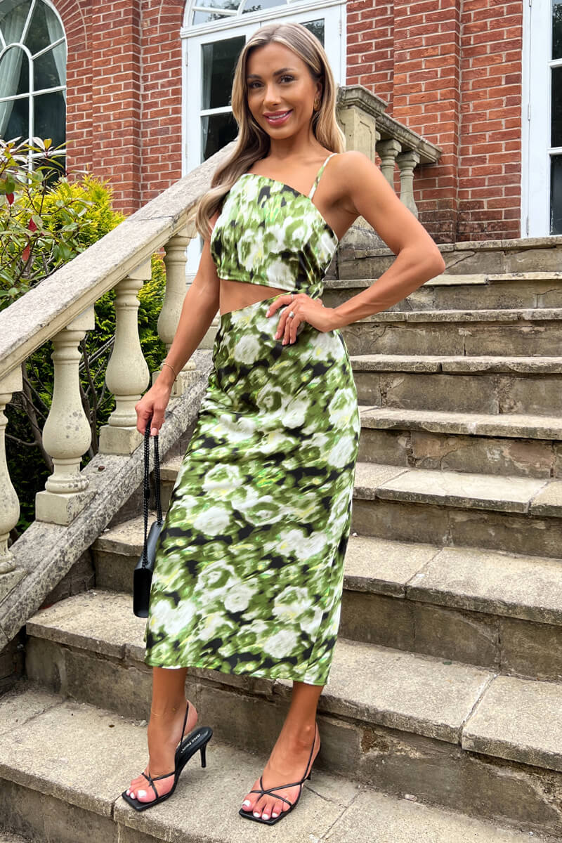 Green Printed Asymmetric Cut Out Midi Dress - Swimclubus