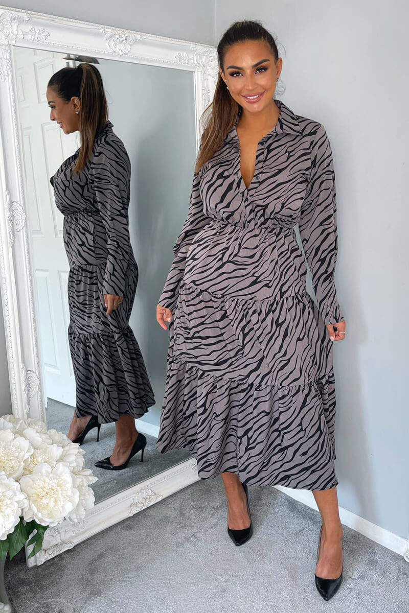 Grey Animal Print Button Up Midi Dress - Swimclubus