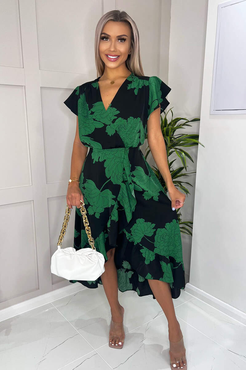 Black And Green Floral Print Wrap Midi Dress - Swimclubus